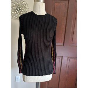 YAL black ribbed sweater top with colorful striped sides and sleeves Large